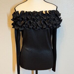 VTG 90s Pleated Off The Shoulder Ruffle Top Gothic Romantic Black Shimmer Blouse